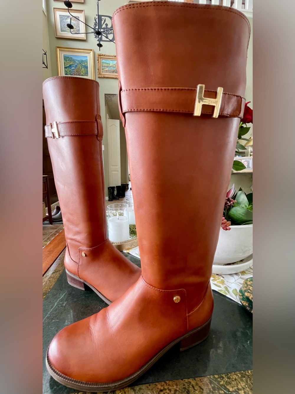 Tommy Hilfiger Shyenne Tall Cognac Leather Equestrian Boots